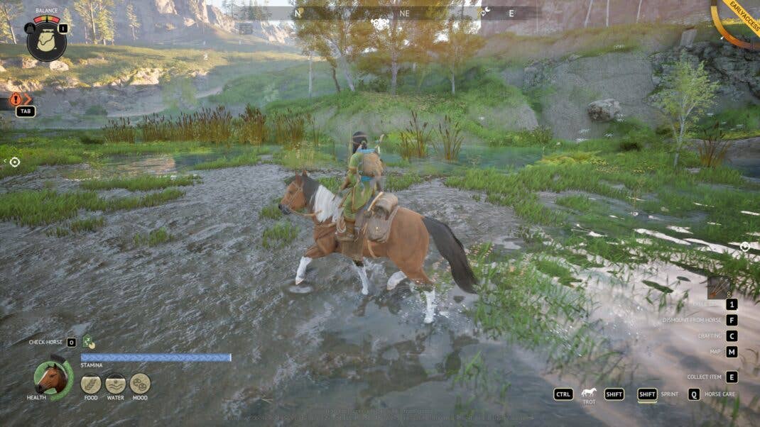 A horse trotting through the mud in a video game.