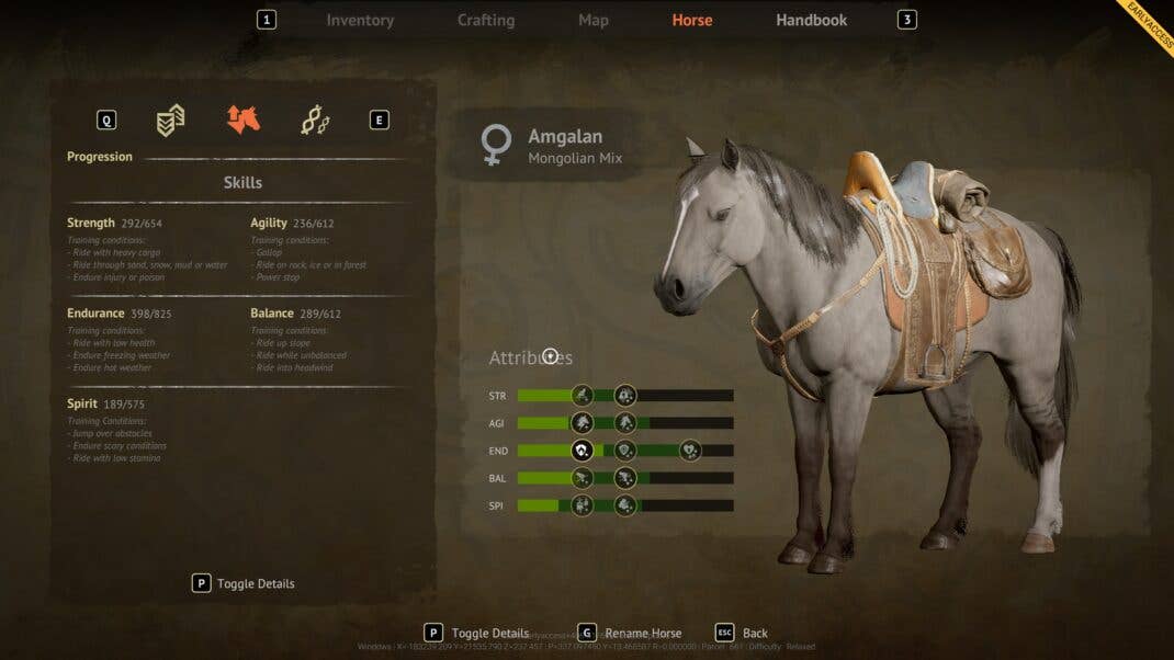 A horse's information screen in The Legend of Khiimori.