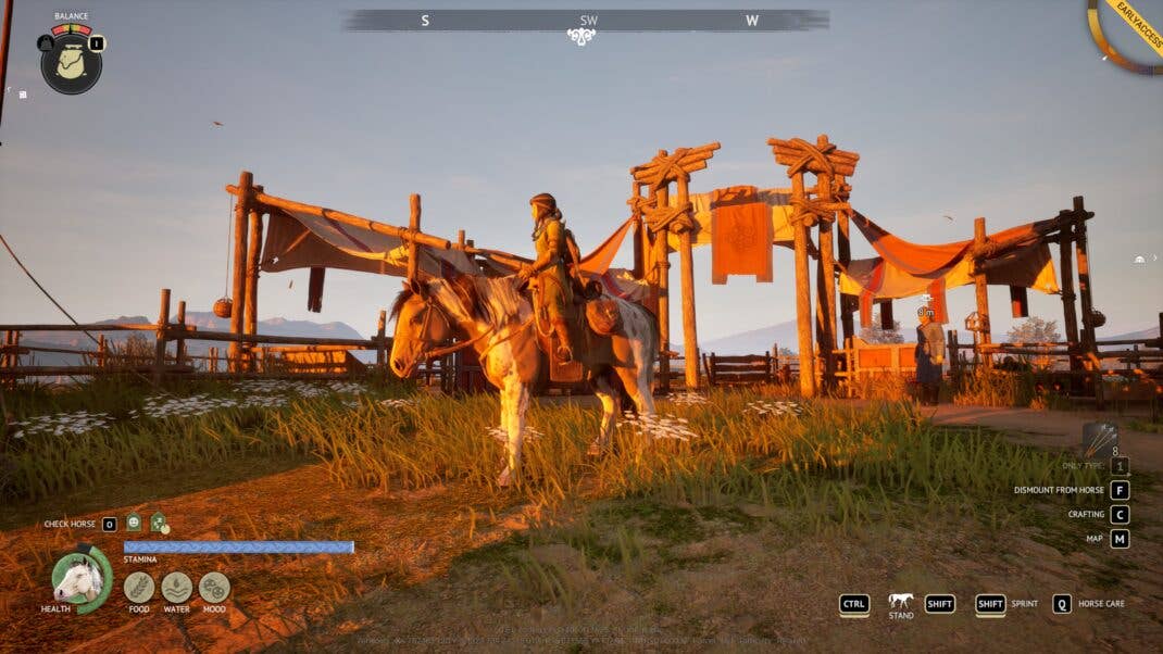 A horse standing in a Mongolian village.