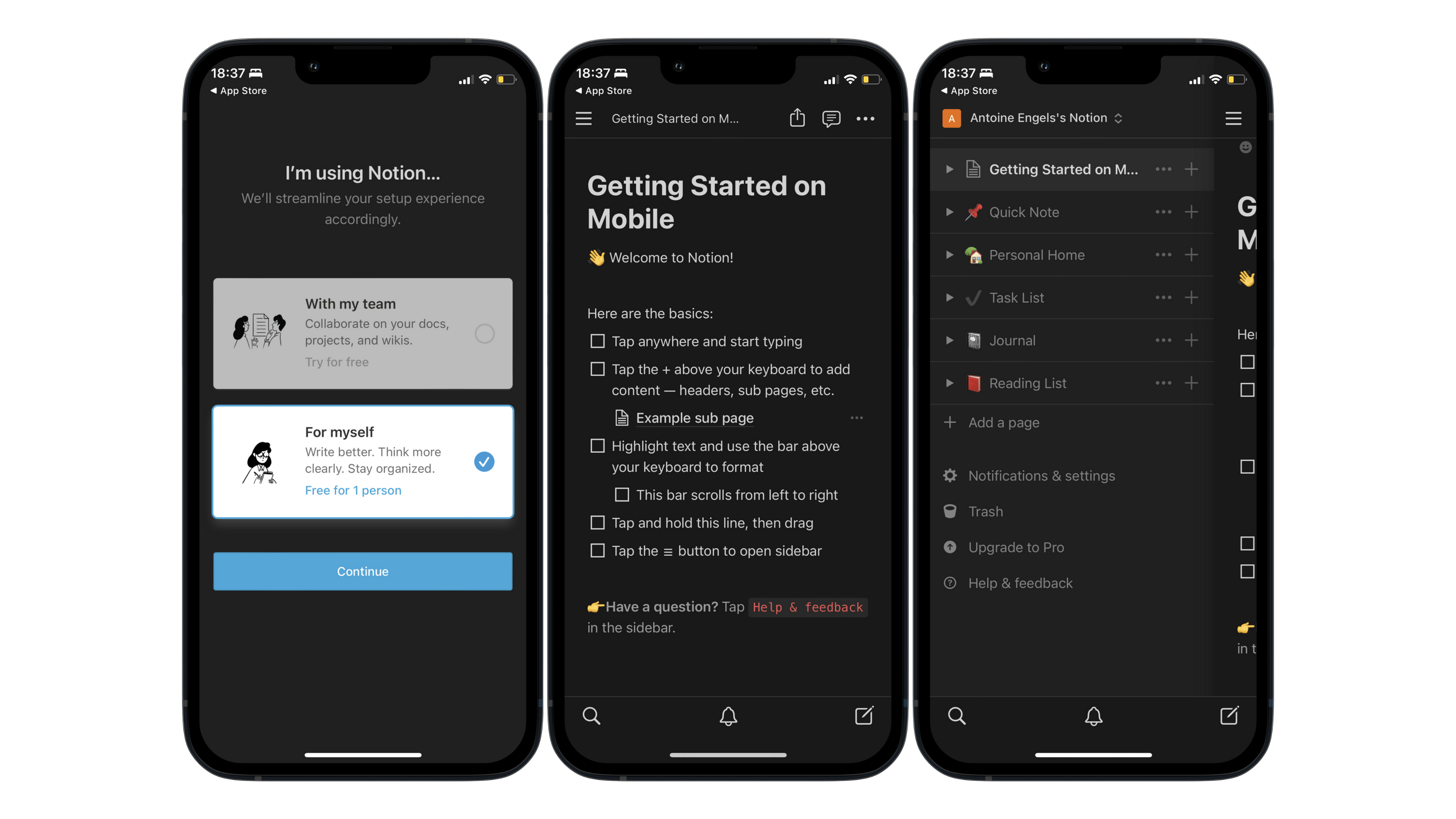 Screenshots of the Notion app user interface