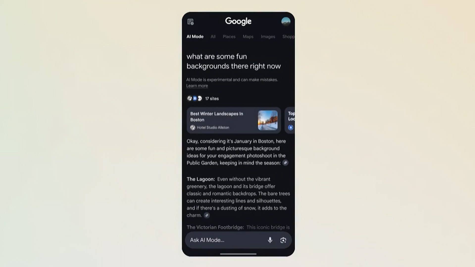 Google Search interface displaying fun background ideas for photoshoots in Boston.