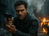 A man in a leather jacket aiming a handgun in a war-torn city with explosions in the background.