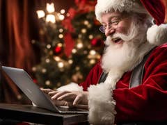 Santa Claus writes Christmas greetings on his notebook