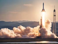 A rocket stands tall on its launch pad at dusk, illuminated against a vibrant twilight sky.