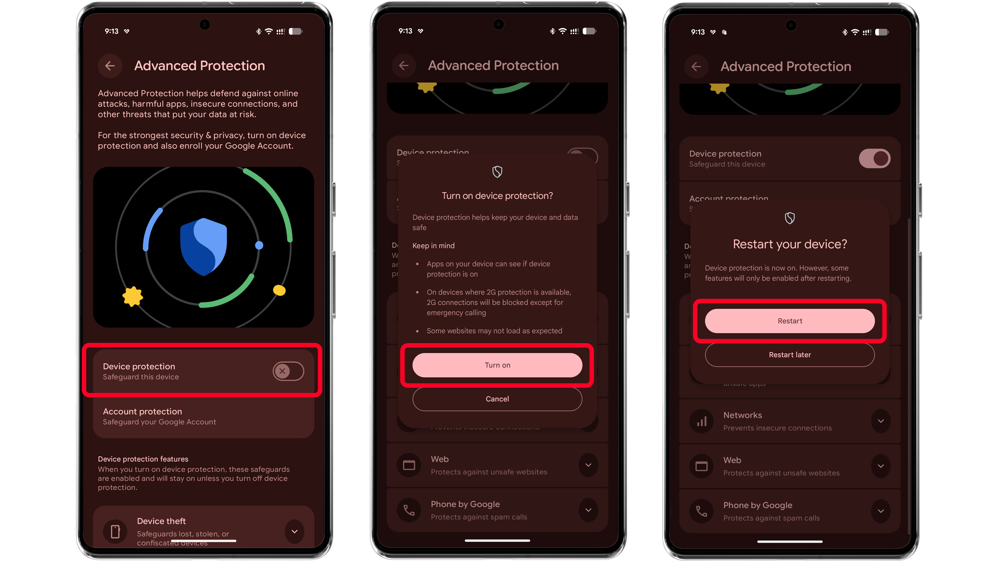 Screenshots of the Android 'Advanced Protection' settings with device protection options.