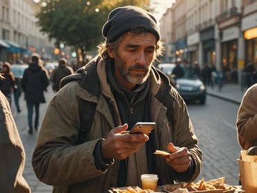 A man with a beard holds a phone and food while standing on a busy street, surrounded by people.
