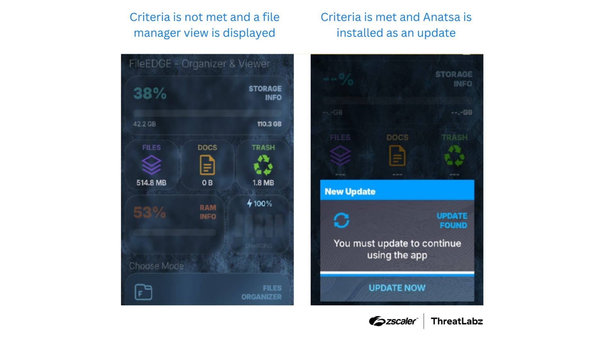 File manager view showing storage usage and a prompt for app update on Android.