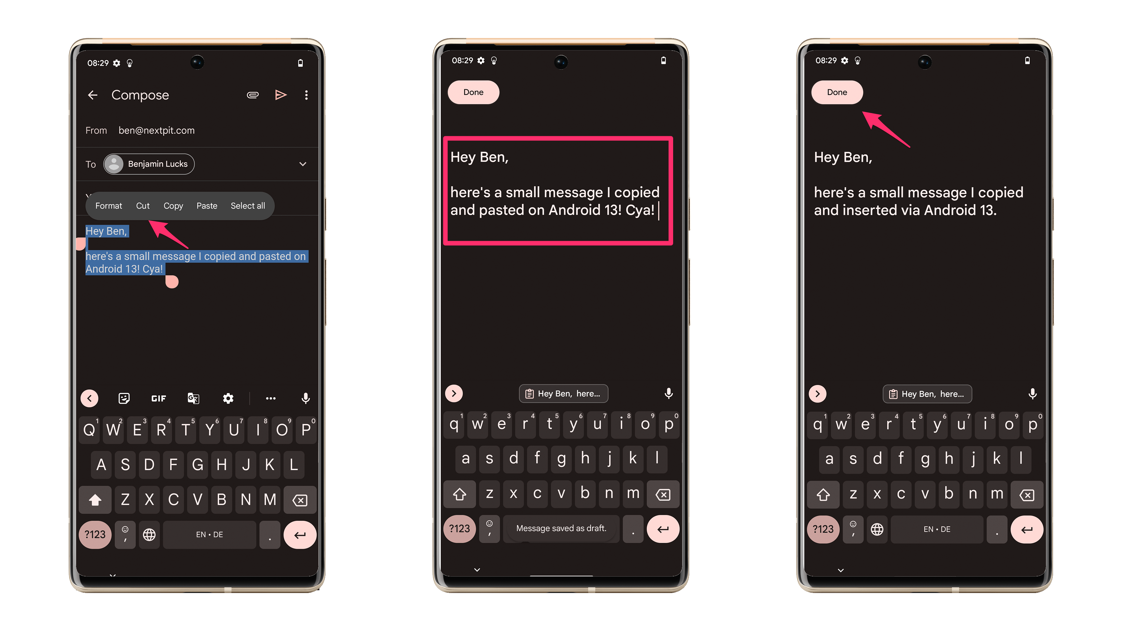 Kopierte Inhalte könnt Ihr nun bearbeiten. Screenshots der neuen Zwischenablage in Android 13.