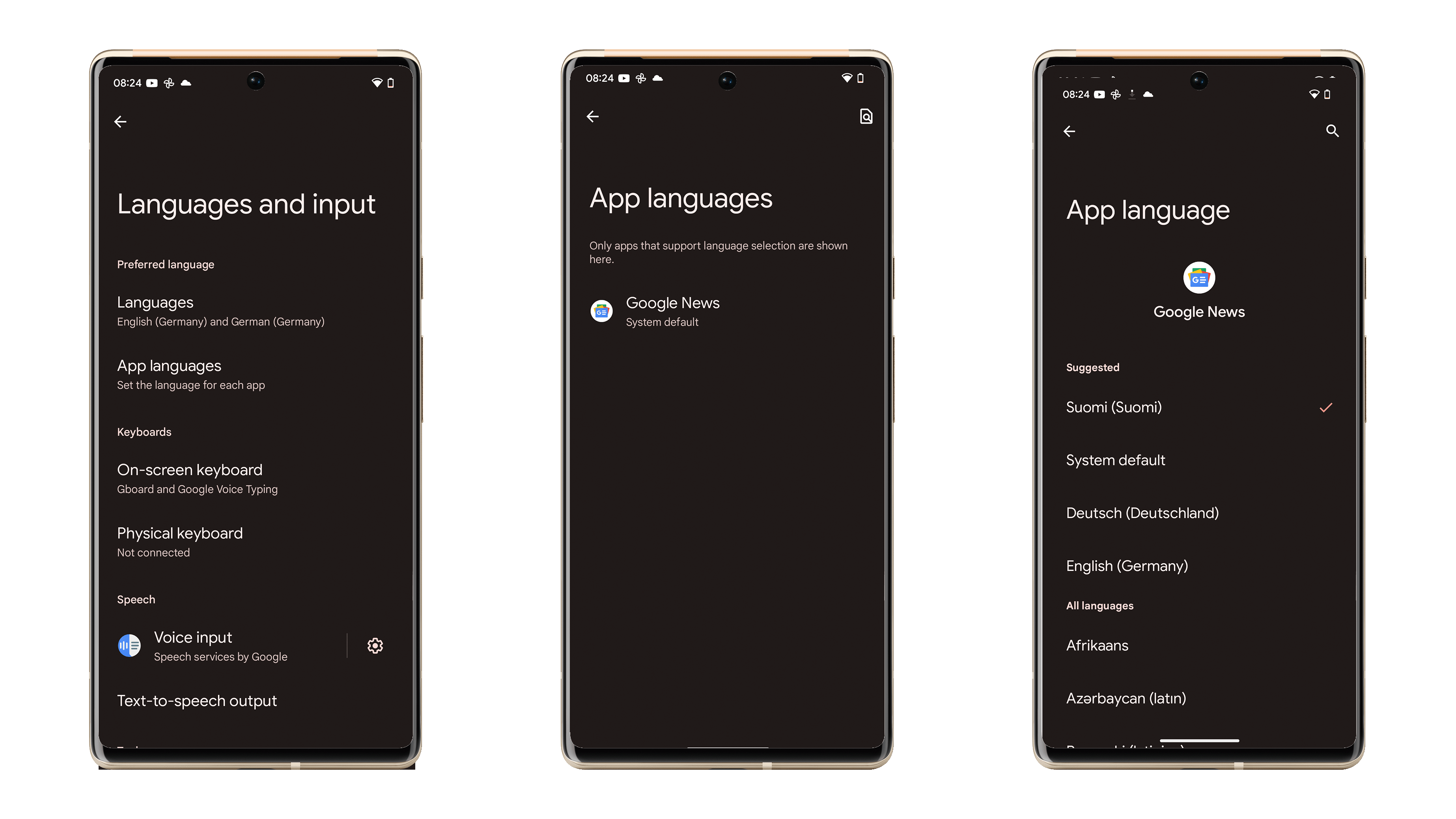 Anschließend wählt Ihr eine App aus, die Ihr zur Anzeige in Eurer Sprache wählen wollt. Ein Screenshot, der den Weg zu den App-individuellen Spracheinstellungen in Android 13 zeigt.