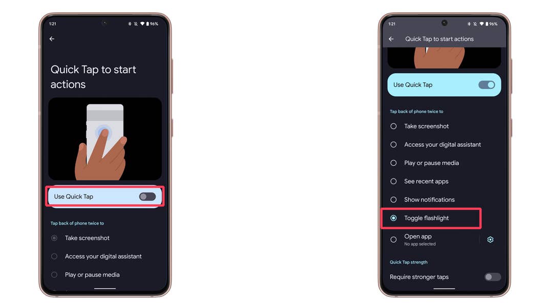 Android 13 overview quick tap flashlight