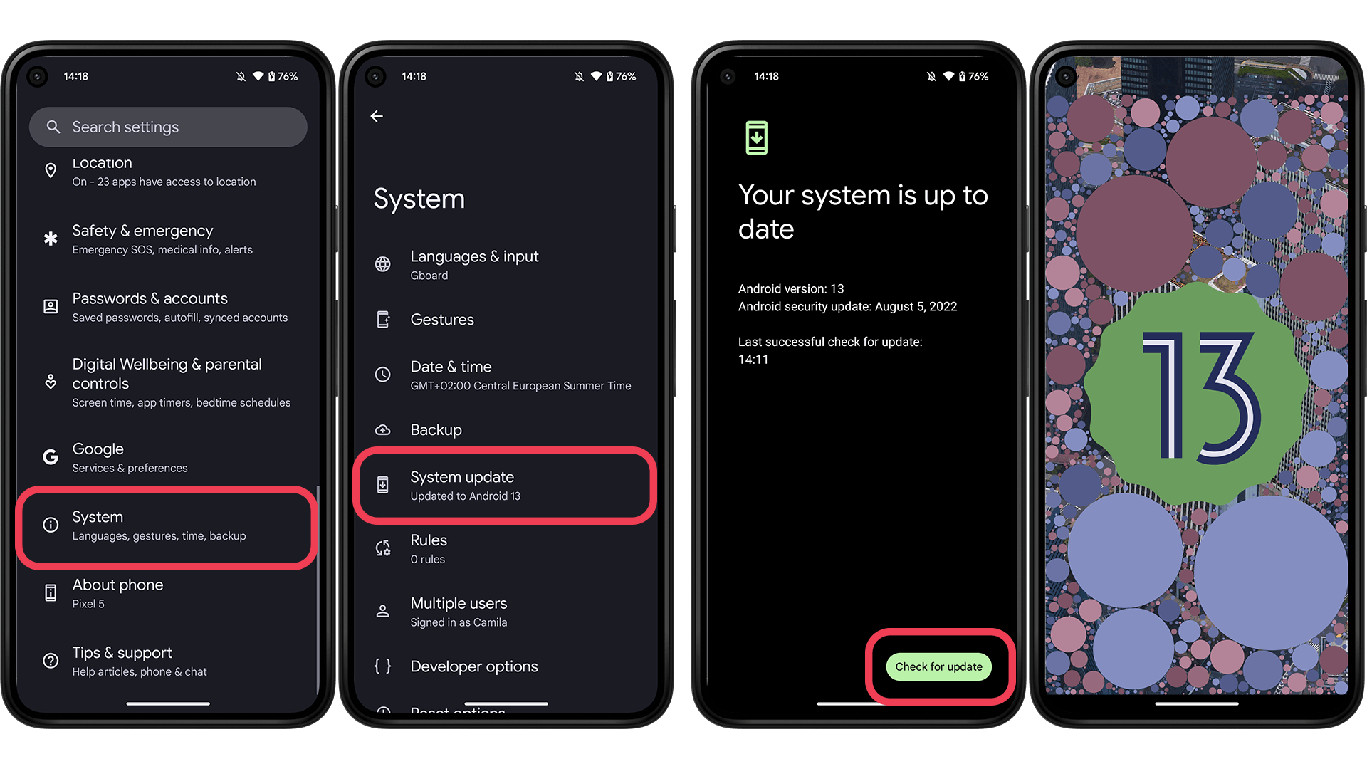 Screenshots showing on how to install Android 13 on a Pixel 5