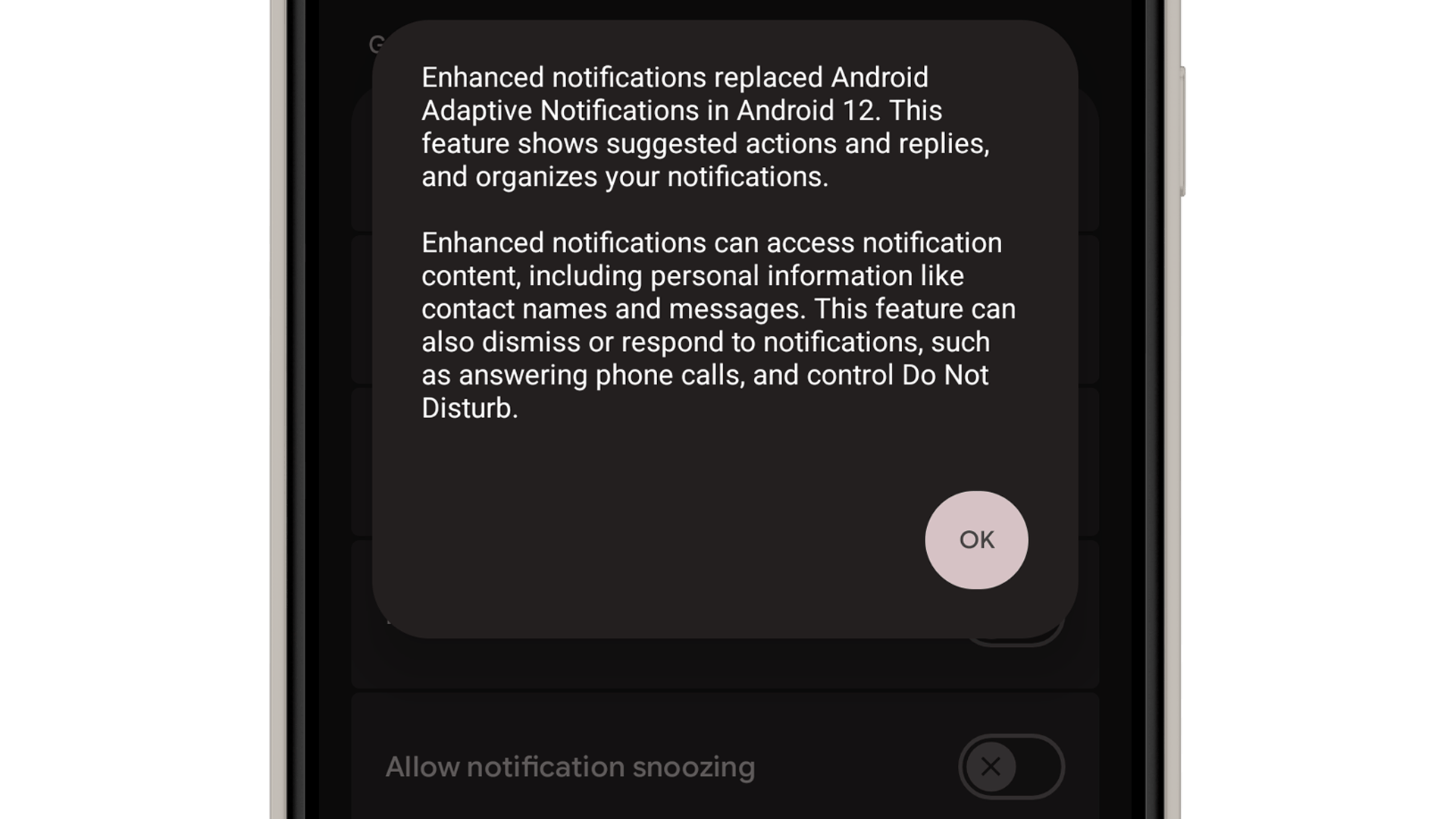 Notification settings on an Android device, explaining enhanced notifications in Android 12.