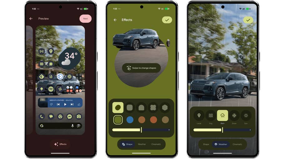 Three smartphone screens displaying a weather app and editing effects.