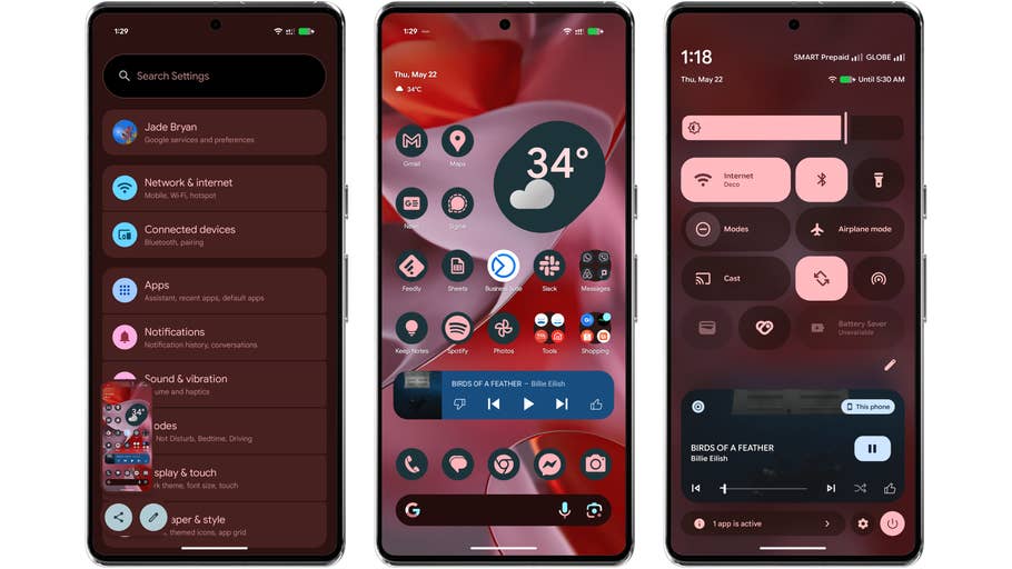 Three smartphone screens displaying settings, weather, and music control interfaces.