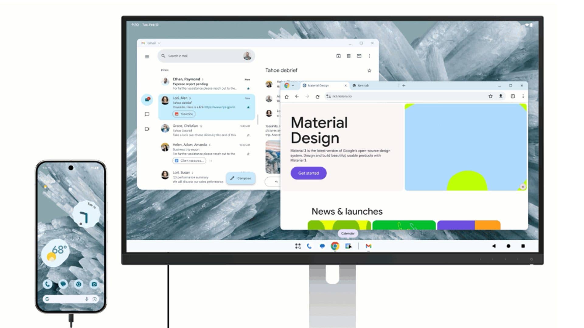 A smartphone and monitor displaying Google Material Design interface with email and web pages.
