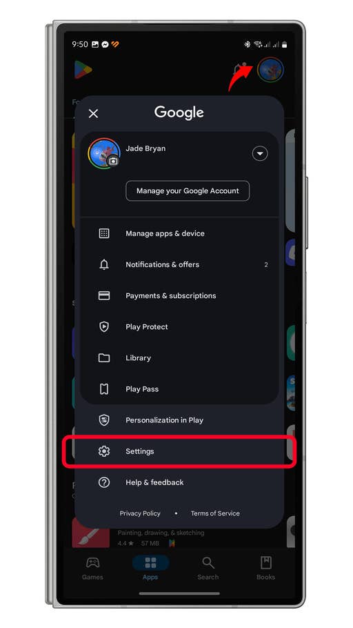 Google Play app interface showing account settings and options.