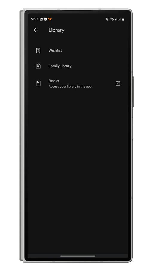 Library page on a mobile app with options for Wishlist, Family library, and Books.