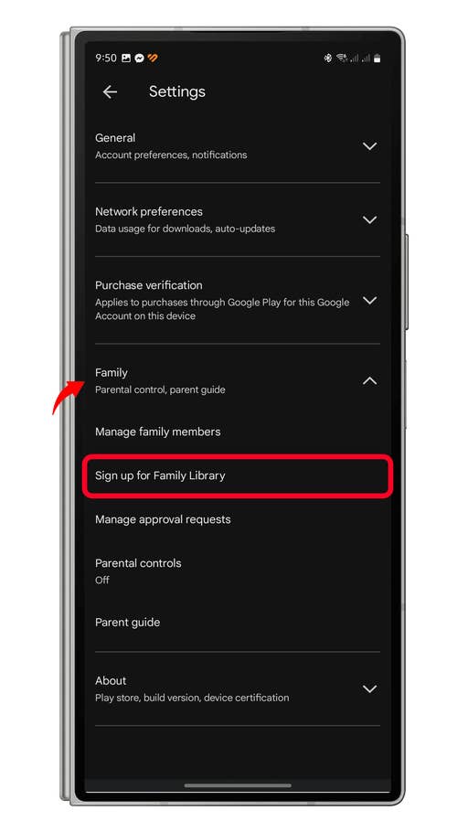 Settings menu on a mobile device showing options for Family Library and parental controls.