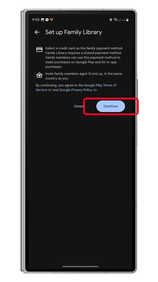 Setup screen for Family Library on a mobile device, featuring credit card selection and a u0027Continueu0027 button.