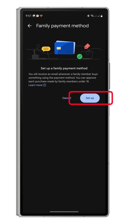 Family payment method setup screen with u0027Set upu0027 and u0027Cancelu0027 buttons.