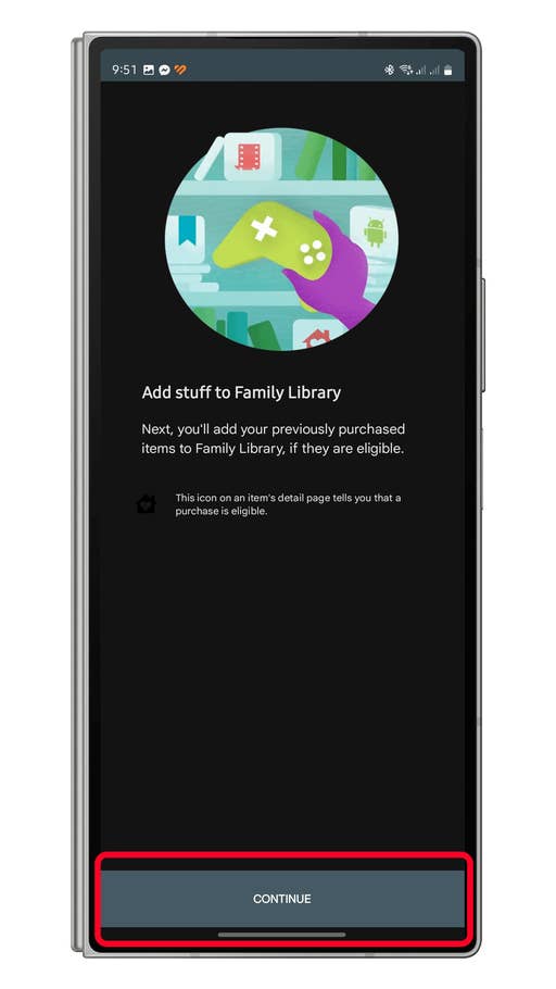 Screen displaying Family Library setup for adding previously purchased items.