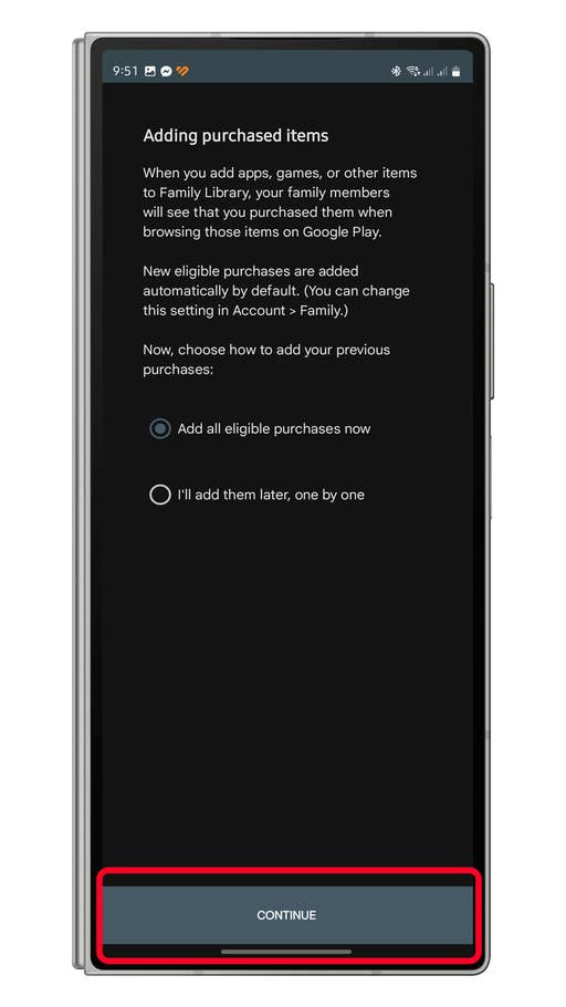 Screen displaying options for adding purchased items to Family Library on Google Play.