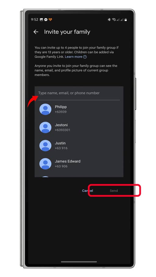 Invite family members by typing their name, email, or phone number in the app.