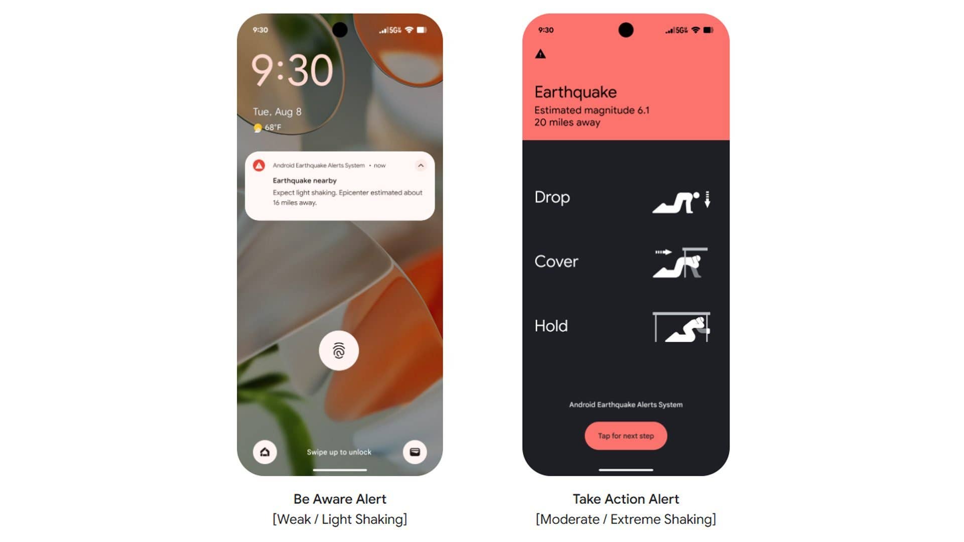 Android Earthquake Alert System with notifications for 'Be Aware' and 'Take Action'.