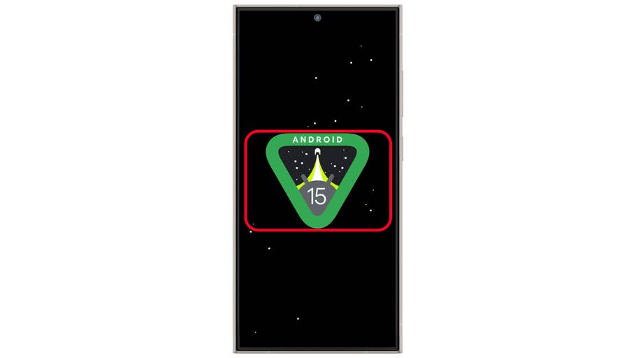 A smartphone displaying the Android 15 logo on a starry background.