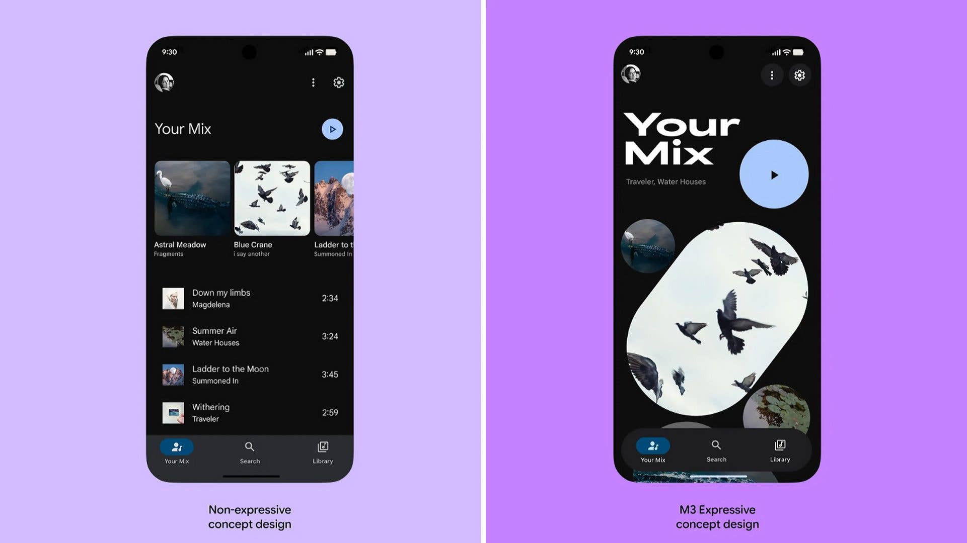 Two smartphone screens showcasing music apps in different design styles.