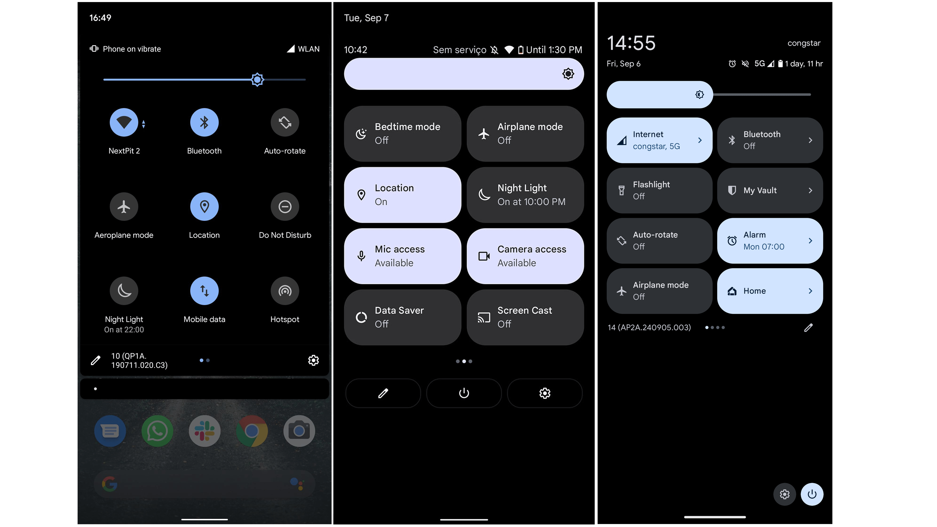 Different design and versions of quick settings in Android 10, 12, and 14
