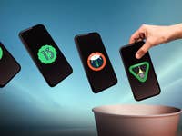 Collage showing old Android logos on smartphone displays going to the trash