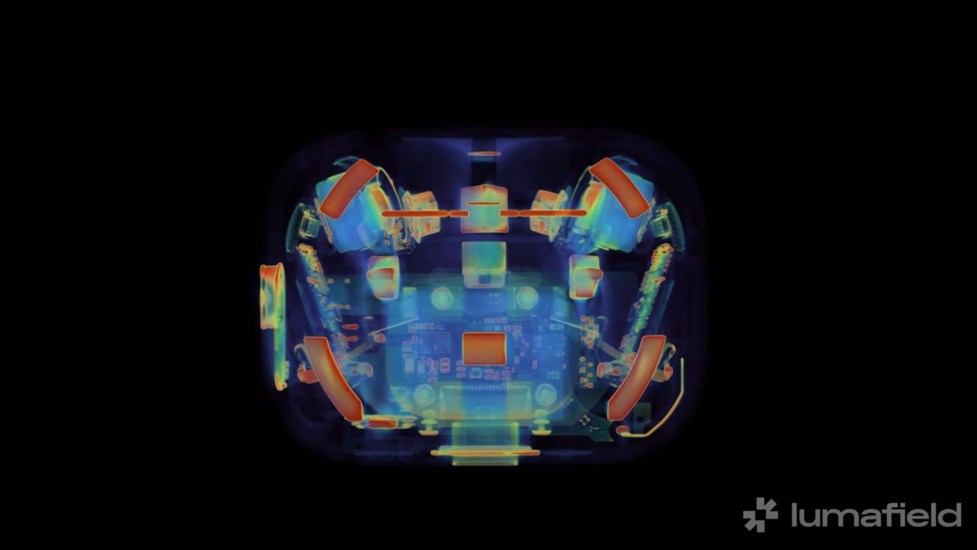 X-ray image of the Apple AirPods Pro 3 case showing internal components.