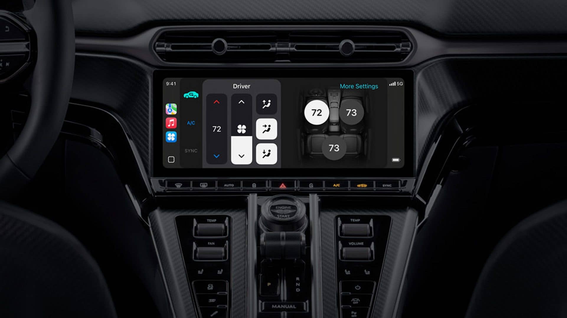 A car dashboard display shows Apple CarPlay Ultra with driver controls and temperature settings.
