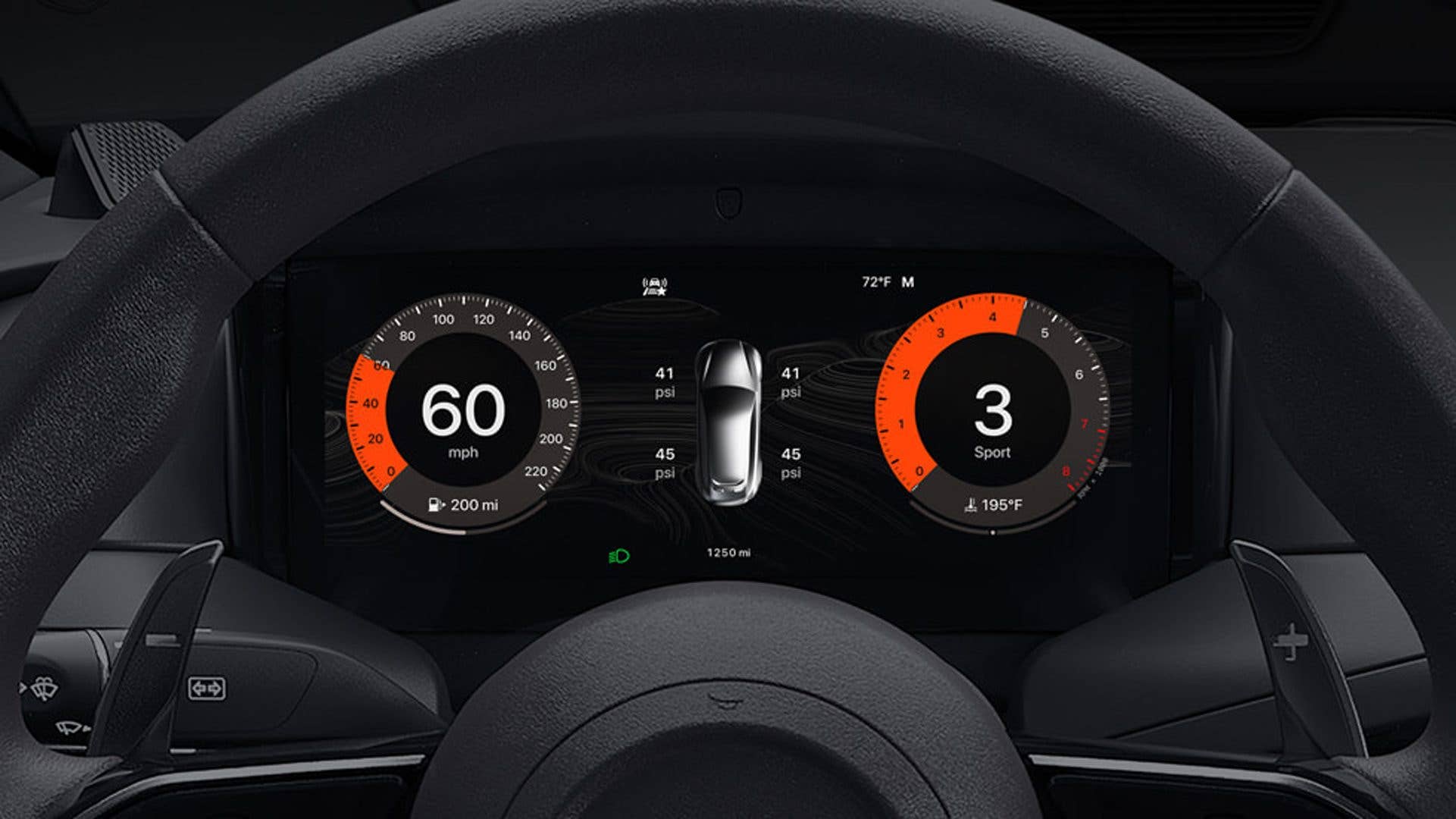 Display shows speed at 60 mph, psi readings, and temperature while featuring Apple CarPlay Ultra.