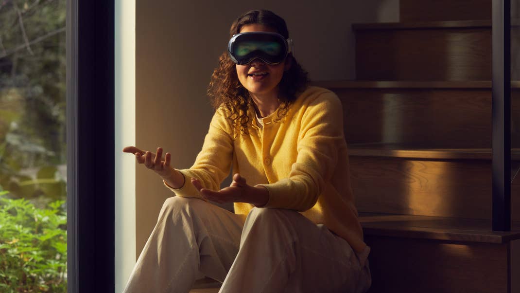 A person wearing the Apple Vision Pro goggles