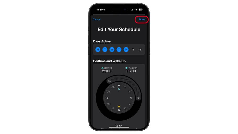 A smartphone screen displaying the u0027Edit Your Scheduleu0027 interface with options for days and bedtime.