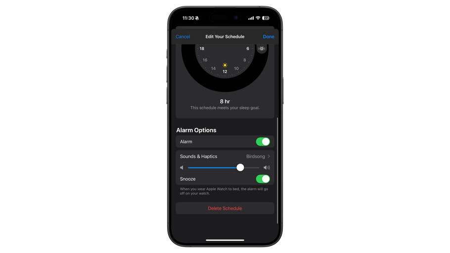 A smartphone screen showing the u0027Edit Your Scheduleu0027 alarm settings with options for sounds and snooze.