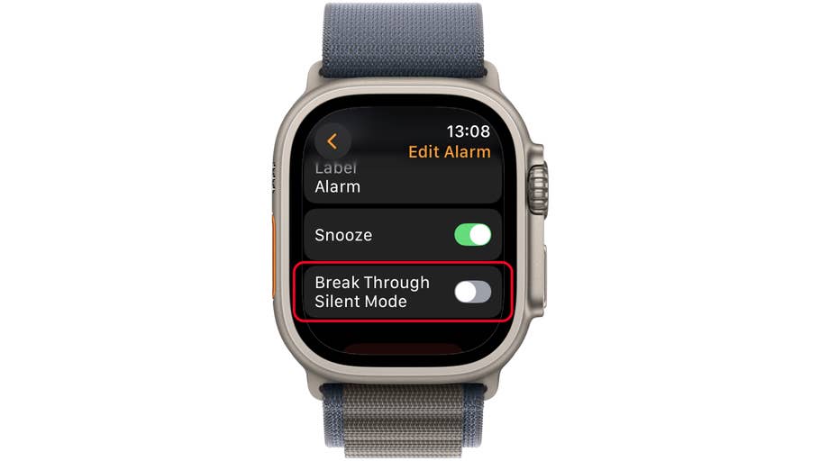 Apple Watch screen showing alarm settings with u0027Break Through Silent Modeu0027 option highlighted.