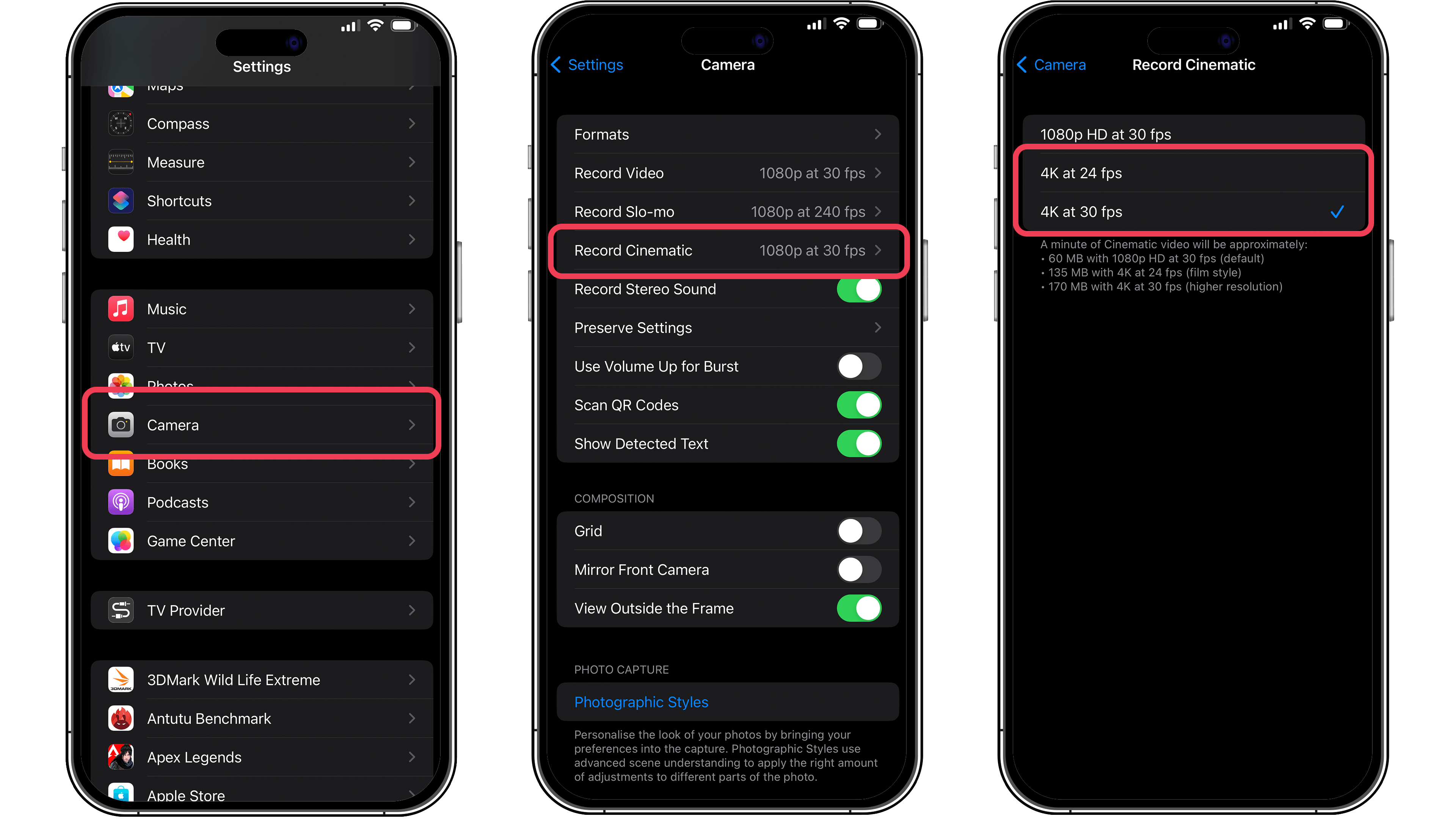 Screenshots showing how to activate 4k Cinematic videos