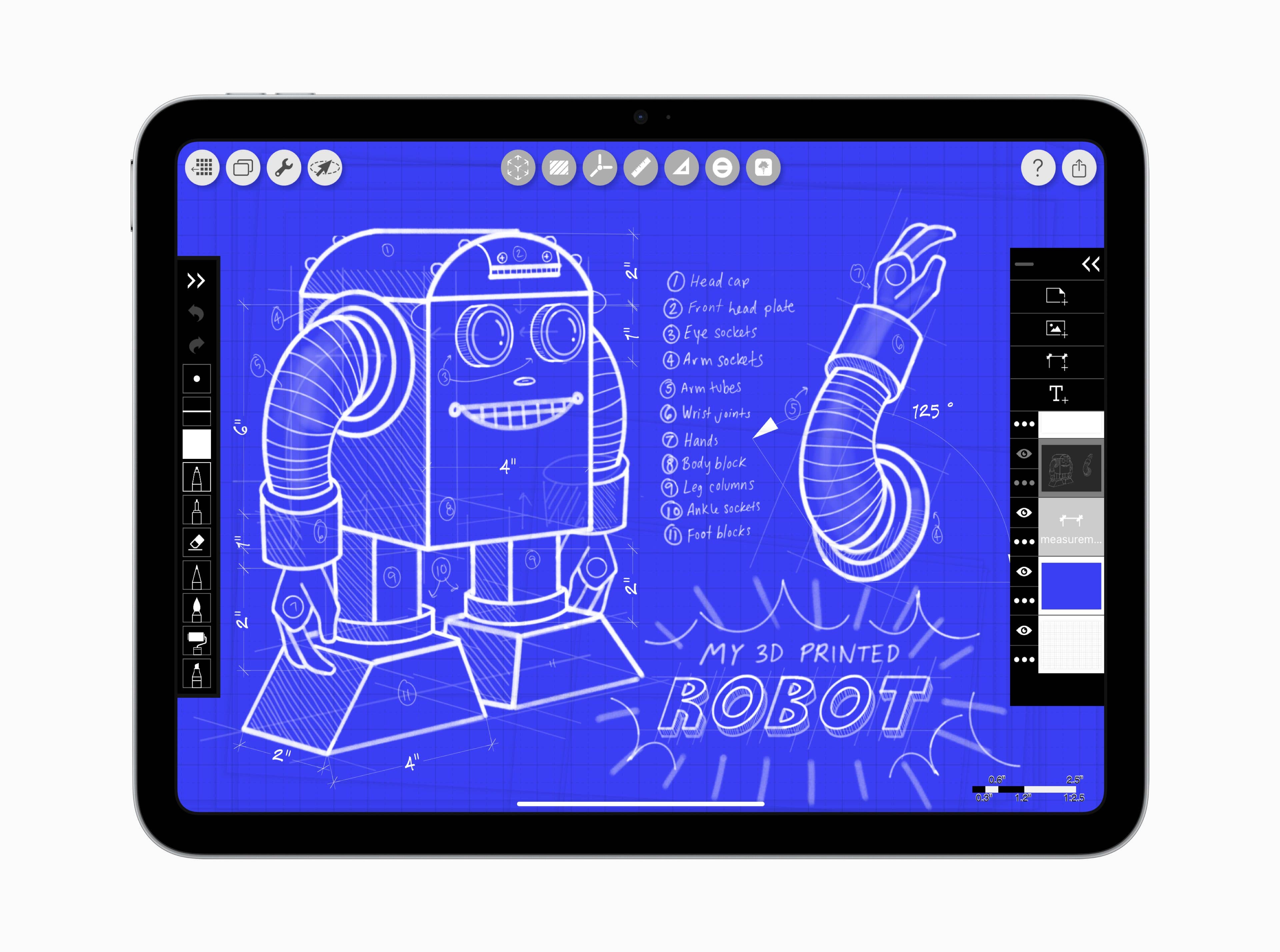 Blueprint of a robot design on a tablet, labeled 'MY 3D PRINTED ROBOT'.