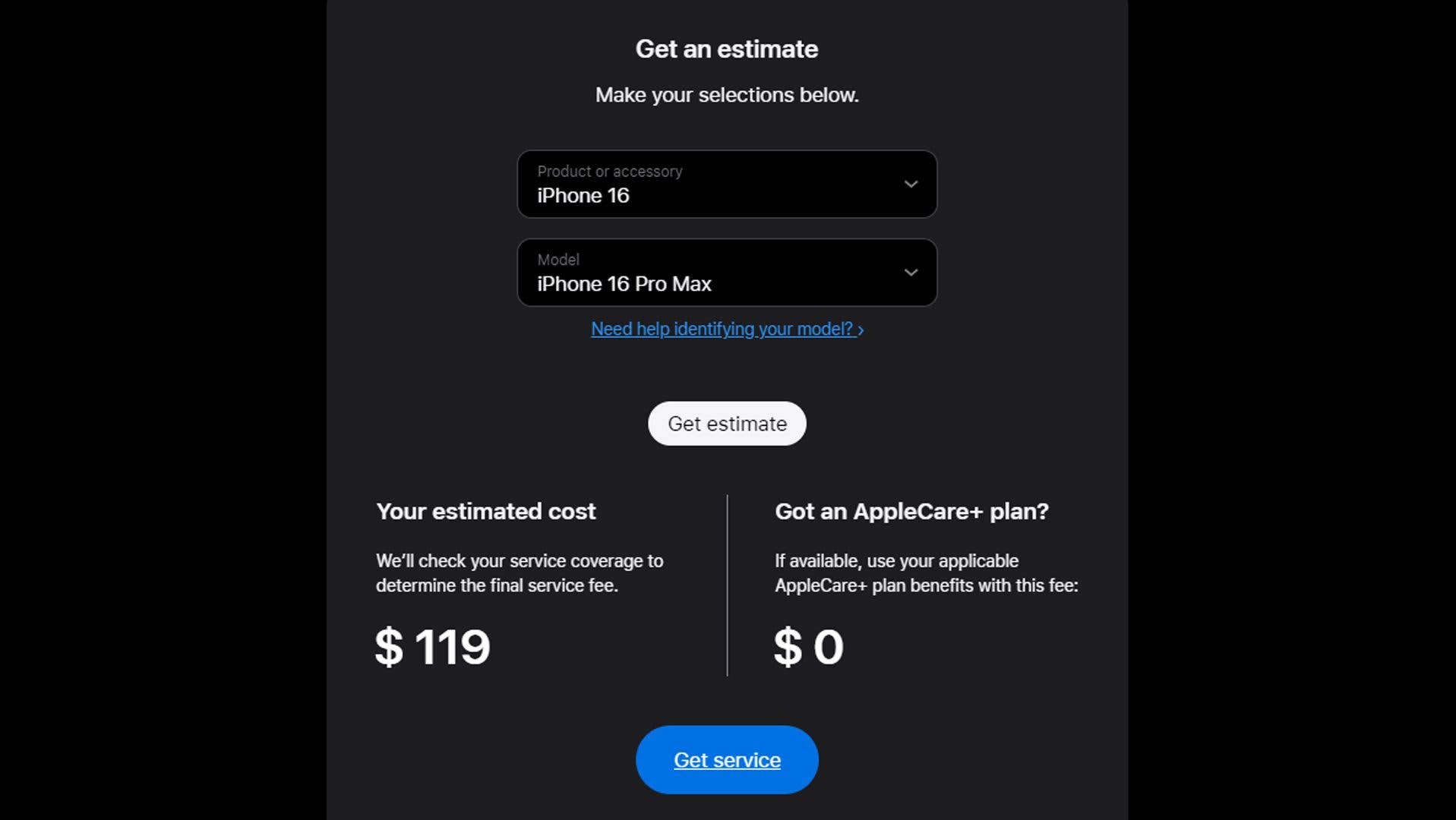 Apple iPhone 16 Pro Max battery replacement fee
