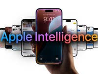Several iPhones showcasing the new AI features, with the phrase 'Apple Intelligence' displayed in front.