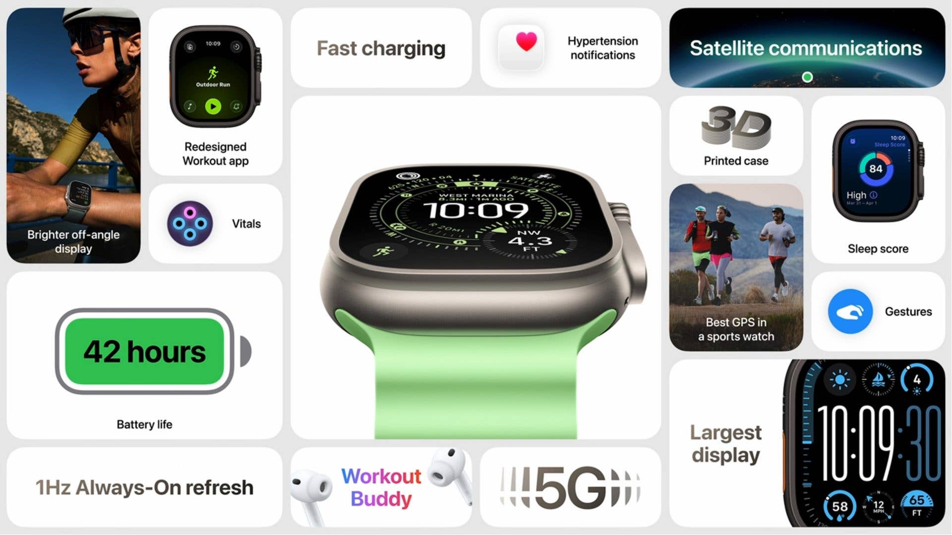 Apple Watch Ultra 3 with green strap showing features like battery life, workout app, and satellite communications.
