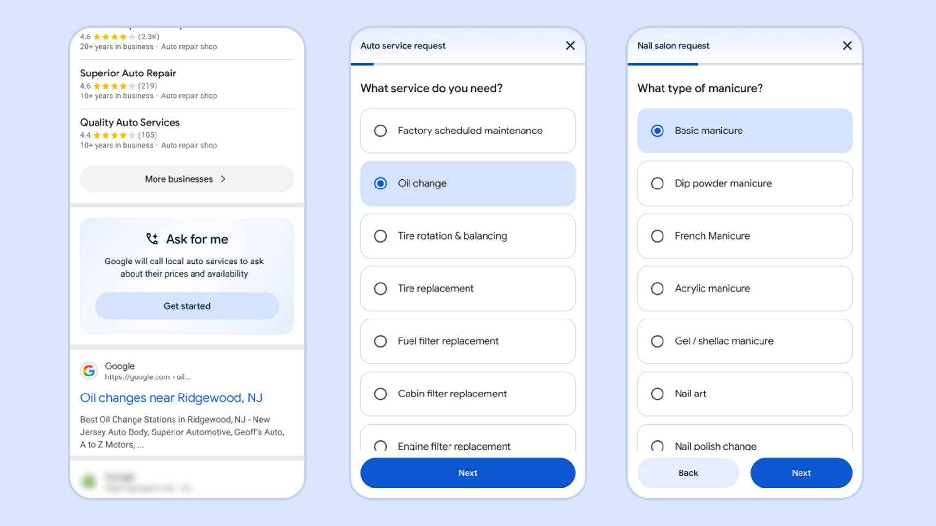 Google search interface showing auto repair and nail salon service requests.