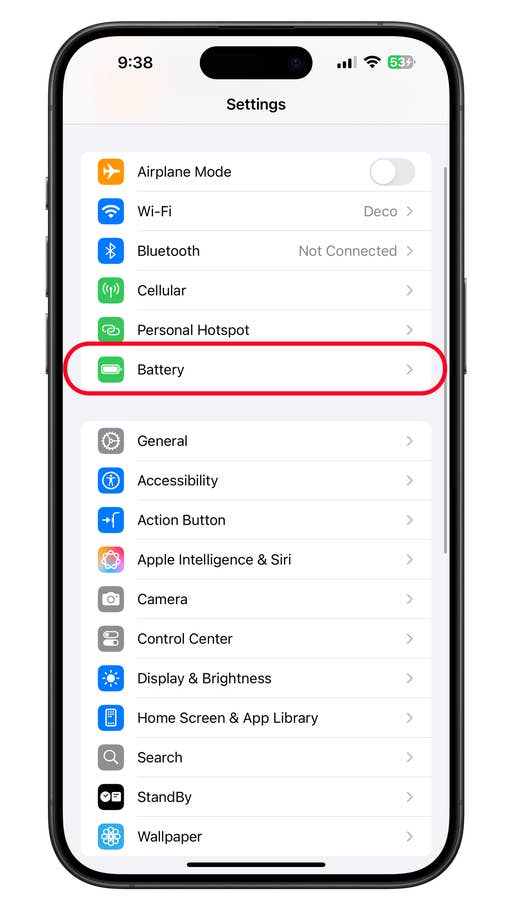 Settings menu on the iPhone 15 Pro Max with the u0027Batteryu0027 highlighted.