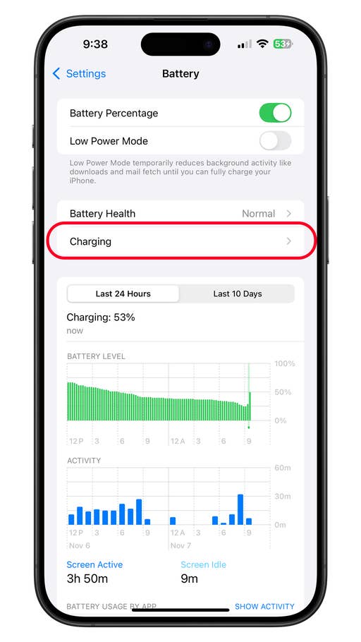 Battery settings screen showing charging status at 53% and battery health as normal.