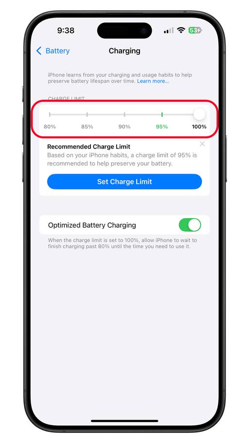 iPhone battery settings showing charging limit options and optimized battery charging feature.