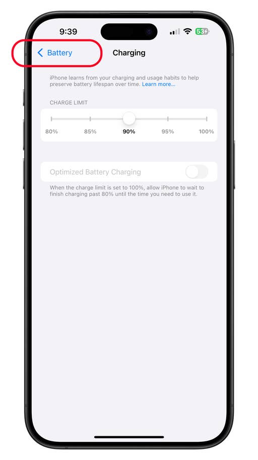 iPhone Battery settings screen showing charging limit and optimized charging options.