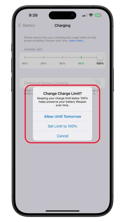 iPhone battery settings showing charge limit options and optimized charging message.